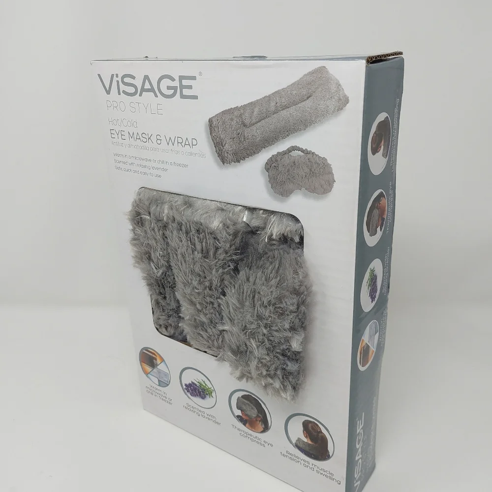 Visage Pro Style Eye Mask & Wrap Grey Fuzzy Lavendar Scented Hot Or Cold Therapy